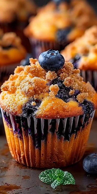 Perfect Blueberry Streusel Muffins 4 Delicious blueberry streusel muffins fresh from the oven with a golden topping