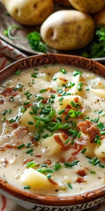 Delicious bowl of Pioneer Woman potato soup topped with green onions.