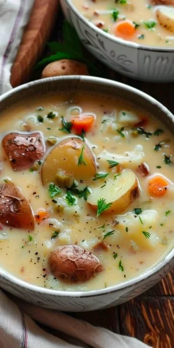 Bowl of creamy Polish Potato Soup garnished with herbs.
