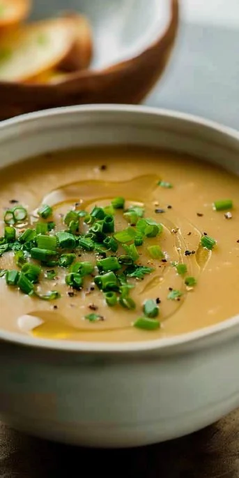 Bowl of creamy potato and caramelized onion soup garnished with herbs.