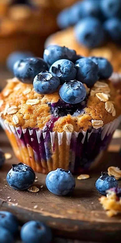 Quick Blueberry Oatmeal Muffins 4 Freshly baked quick blueberry oatmeal muffins on a cooling rack