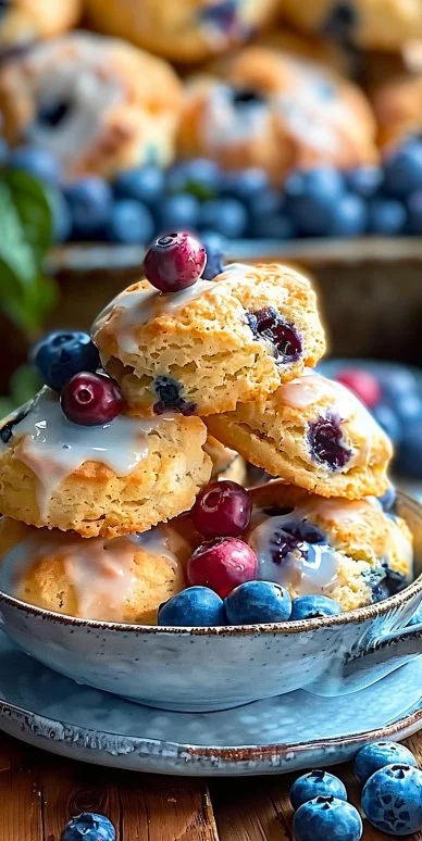 Quick-Mix Blueberry Biscuits 4 Freshly baked quick-mix blueberry biscuits on a plate