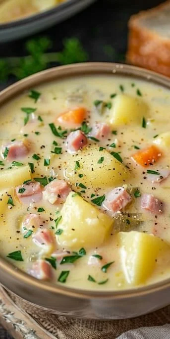 Quick Yukon Gold Potato and Ham Soup in a bowl