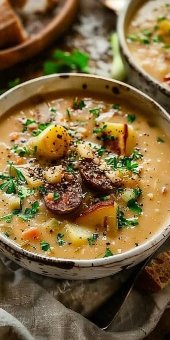 Ratatouille-inspired potato leek soup garnished with fresh herbs in a bowl.