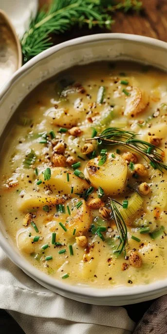 Bowl of roasted celery and potato soup garnished with herbs