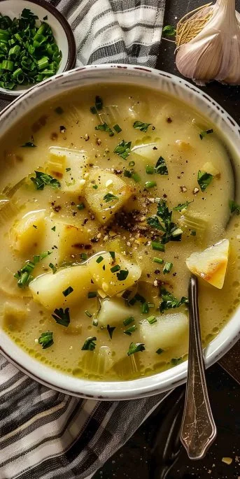 Bowl of creamy roasted garlic potato soup garnished with fresh herbs