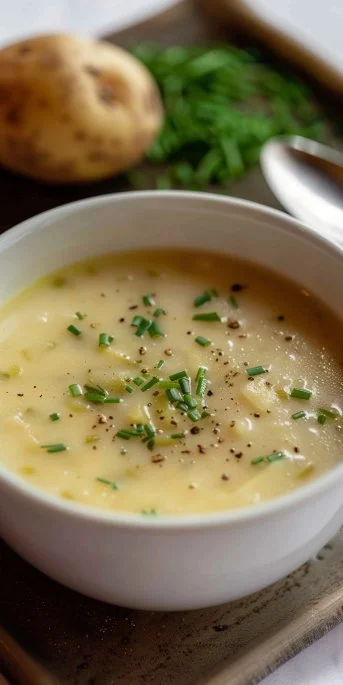 Bowl of Scottish Leek and Potato Soup garnished with herbs on a wooden table.
