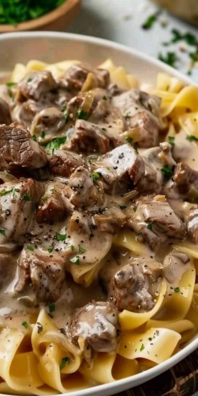Delicious and comforting simple beef stroganoff served in a bowl