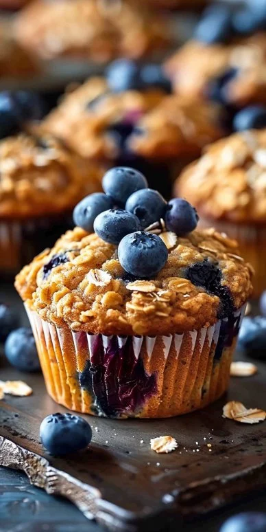 Simple Blueberry Oatmeal Muffins 4 Homemade blueberry oatmeal muffins fresh out of the oven.