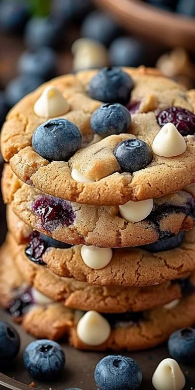 Simple blueberry white chocolate chip cookies on a cooling rack