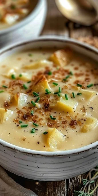 Bowl of simple old-fashioned potato soup topped with herbs.