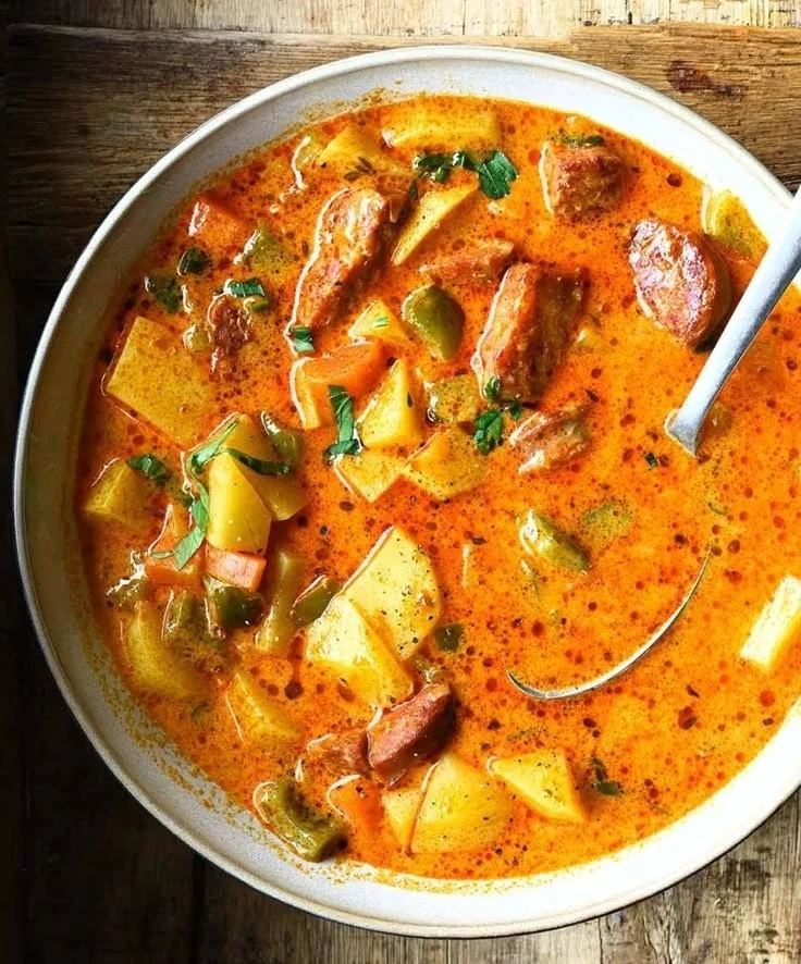 Delicious Spanish Potato Soup with Chorizo in a bowl topped with fresh herbs