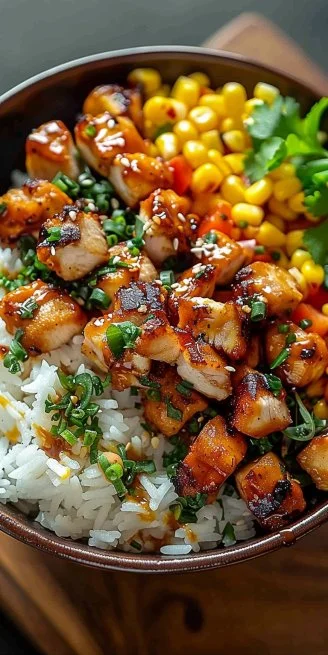 Delicious Street Corn Chicken Rice Bowl with vibrant flavors and colorful ingredients.