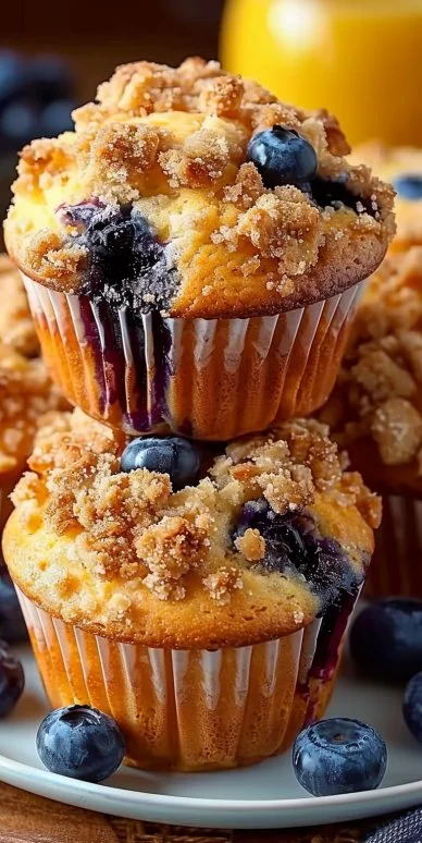 Freshly baked sweet blueberry streusel muffins on a cooling rack