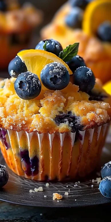 Tasty Lemon Blueberry Muffins 4 Freshly baked lemon blueberry muffins on a wooden table