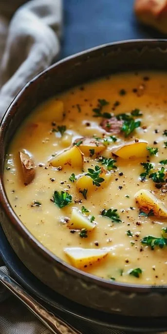 Bowl of creamy potato soup garnished with herbs and served with bread