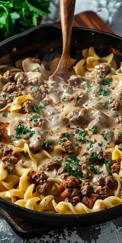 Delicious hamburger stroganoff served in a creamy sauce with mushrooms
