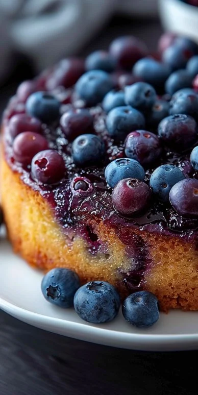 Traditional blueberry upside down cake with fresh blueberries and caramel topping.