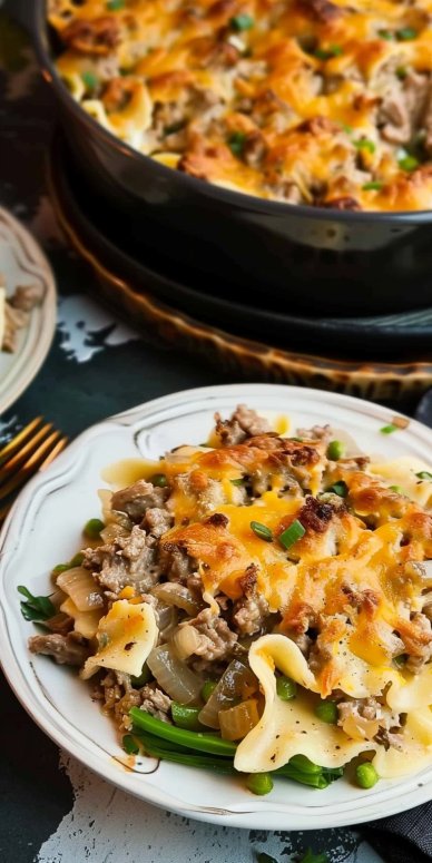 French Onion Ground Beef Stroganoff Casserole
