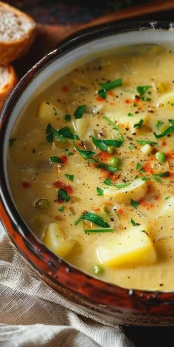 Bowl of creamy Vegan Potato Soup topped with chives and black pepper