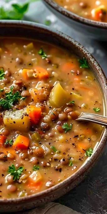 A bowl of hearty vegetarian lentil soup simmering with fresh vegetables.