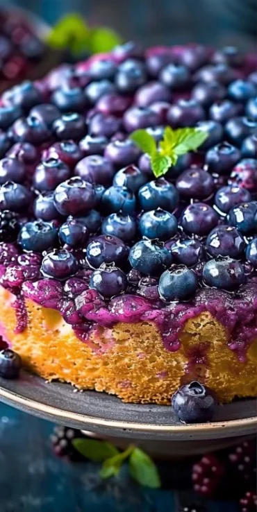 Delicious slice of the world's best blueberry cake with fresh blueberries on top