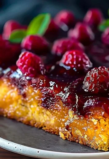 Delicious upside down cake with caramelized fruit topping