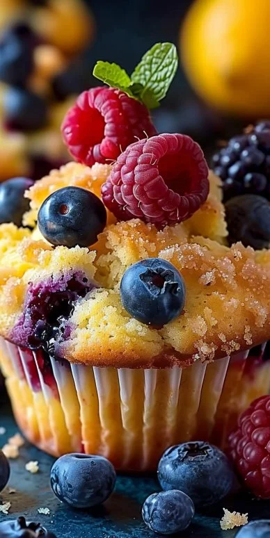 Freshly baked zesty lemon berry muffins with berries on a wooden table.