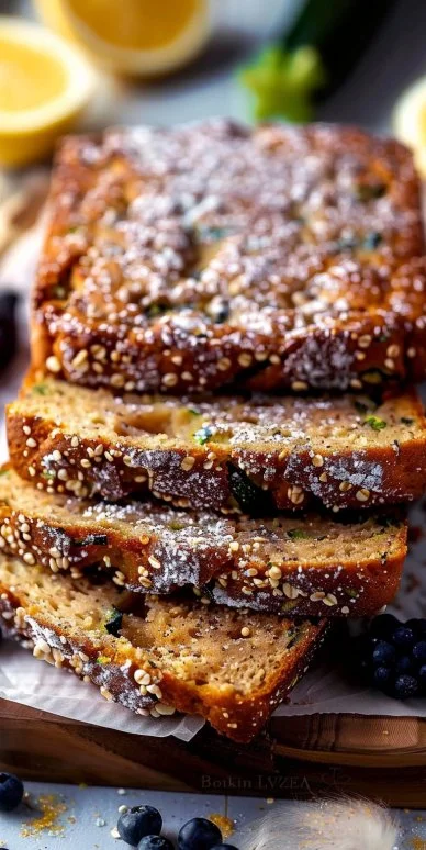 Homemade zucchini bread loaf garnished with nuts and herbs