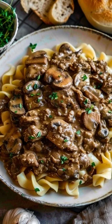 Creamy beef stroganoff served with noodles on a white plate