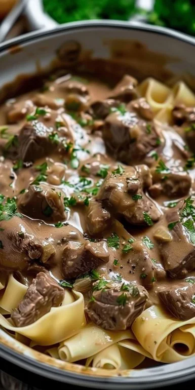 Delicious 30-minute ground beef stroganoff served in a bowl with noodles.