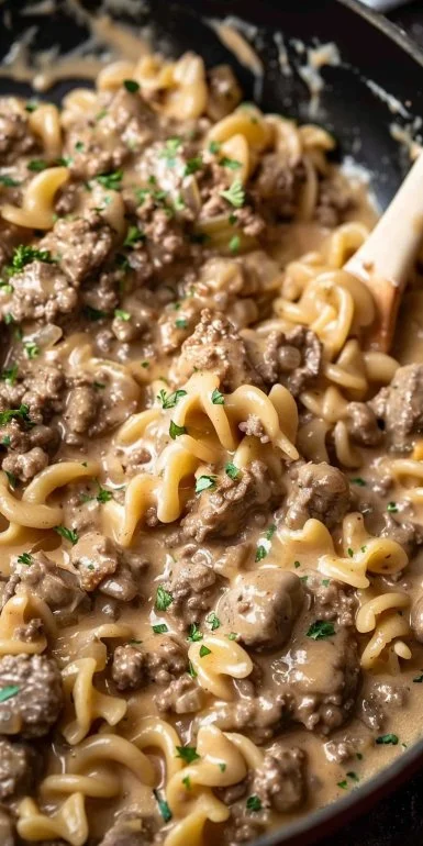Quick and easy 30-minute Ground Beef Stroganoff served with pasta