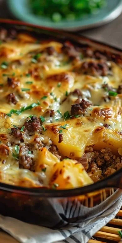 5-Ingredient Hamburger & Potato Casserole 4 5-Ingredient hamburger casserole dish served in a baking tray with melted cheese