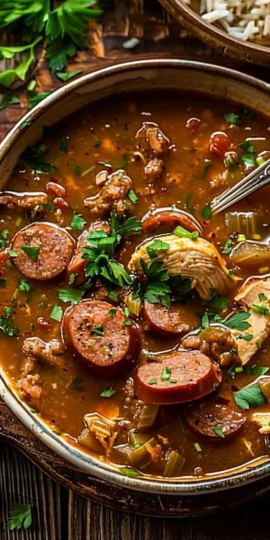 Bowl of authentic Cajun sausage and chicken gumbo garnished with herbs