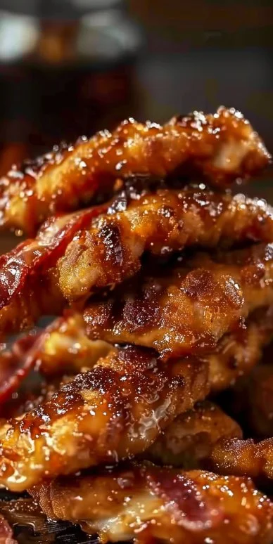 Bacon Brown Sugar Chicken Tenders on a plate garnished with herbs