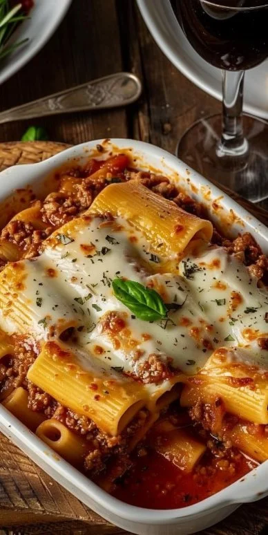 Baked Rigatoni stuffed with beef ragu and mozzarella cheese, ready to enjoy.