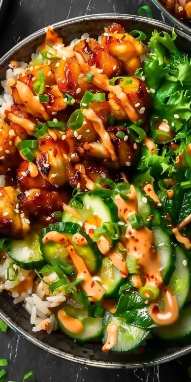 Delicious Bang Bang Chicken Bowl topped with vibrant veggies and creamy sauce