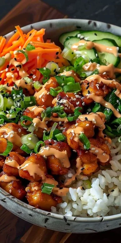 Delicious Bang Bang Chicken Bowl topped with fresh ingredients and savory sauce