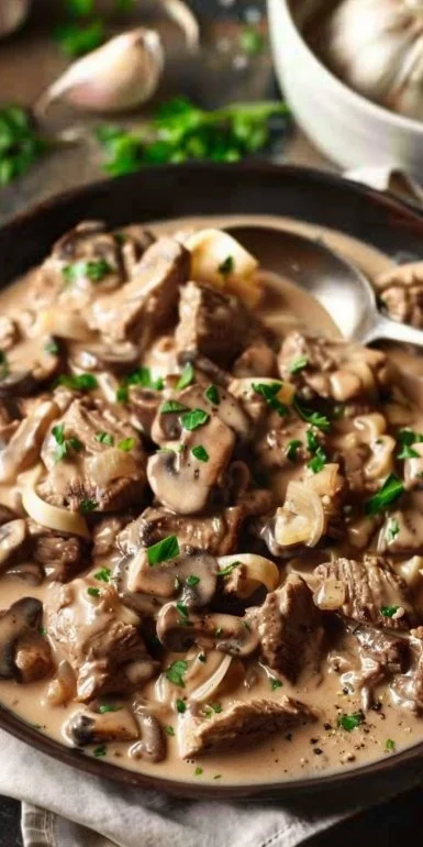 Delicious Beef Stroganoff served with noodles and fresh parsley garnish.