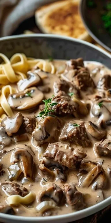 Delicious Beef Stroganoff served with creamy sauce and mushrooms