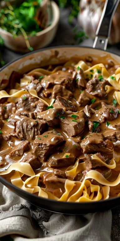 Delicious Beef Stroganoff served with noodles and garnished with parsley.