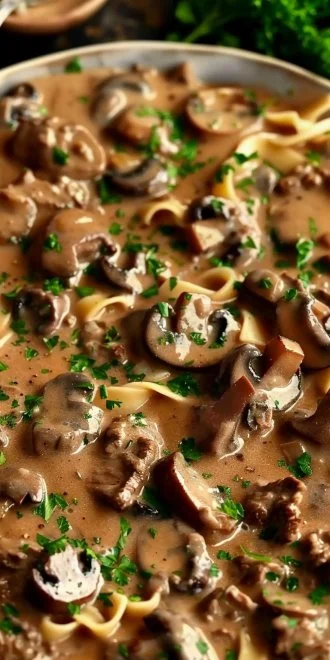 Delicious Beef Stroganoff served over egg noodles with mushrooms and creamy sauce