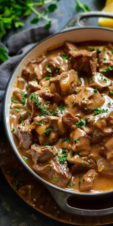 Delicious one-pot Beef Stroganoff served with noodles and garnished with parsley.