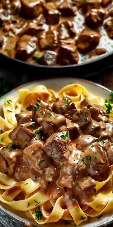 Delicious Beef Stroganoff served with noodles in a creamy sauce