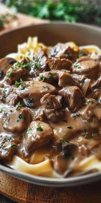 Delicious beef stroganoff served in a bowl with noodles and garnish.