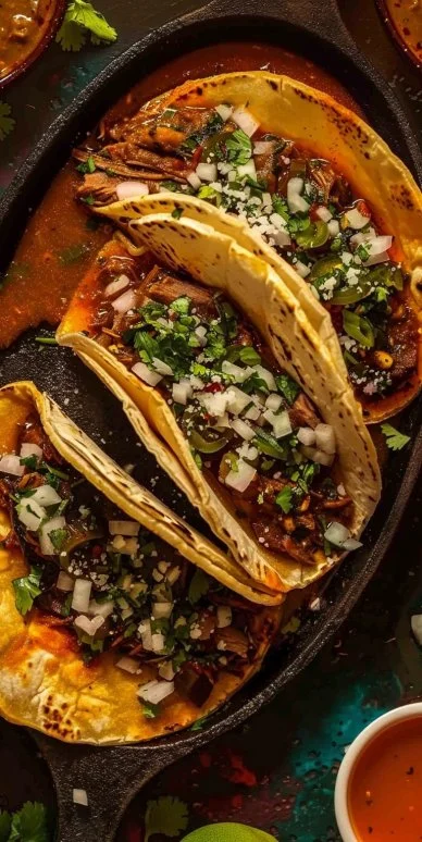 Plate of delicious Birria Tacos garnished with onions and cilantro