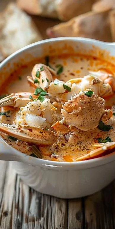 Bubba's creamy crab stew served in a bowl, perfect for cozy nights.