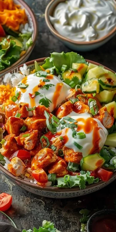 Delicious Buffalo Chicken Bowls topped with fresh ingredients and spicy sauce