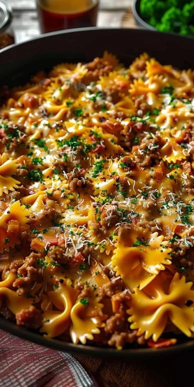 Cajun Cream Cheese Alfredo Bowties with Spiced Ground Beef