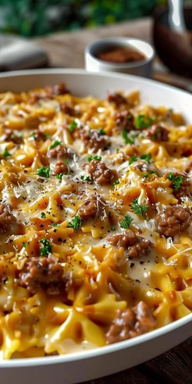 Cajun Cream Cheese Alfredo Bowties with Spiced Ground Beef